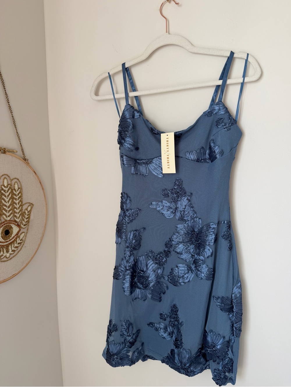 Blue Floral applique Mini Slip Dress